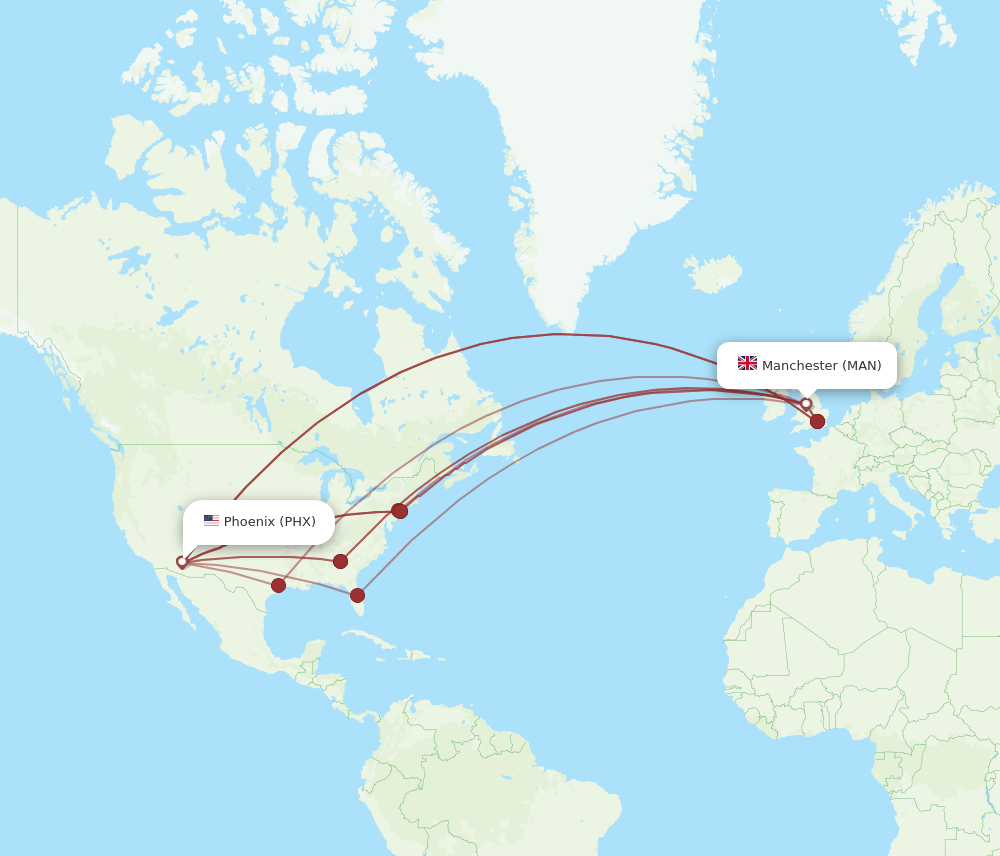 PHX to MAN flights and routes map