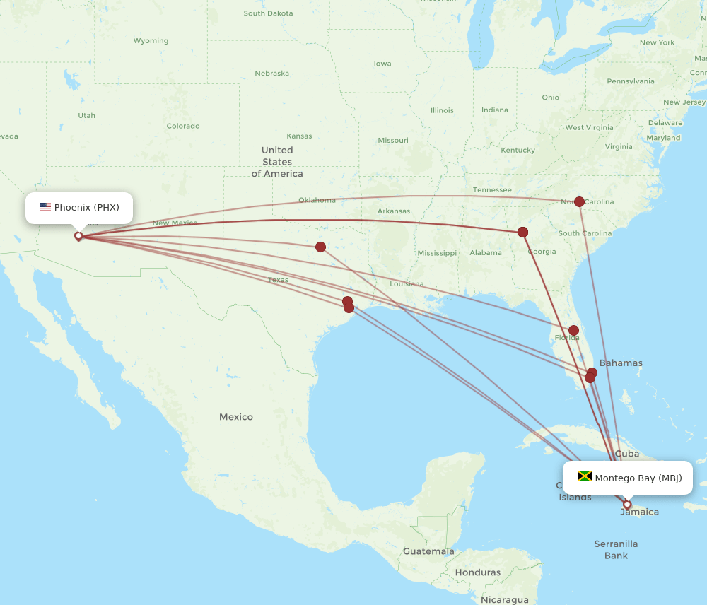 PHX-MBJ flight routes