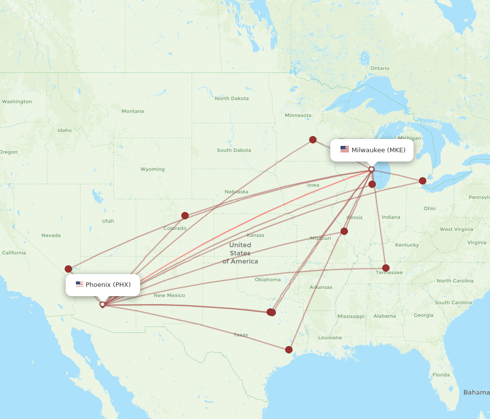 PHX to MKE flights and routes map