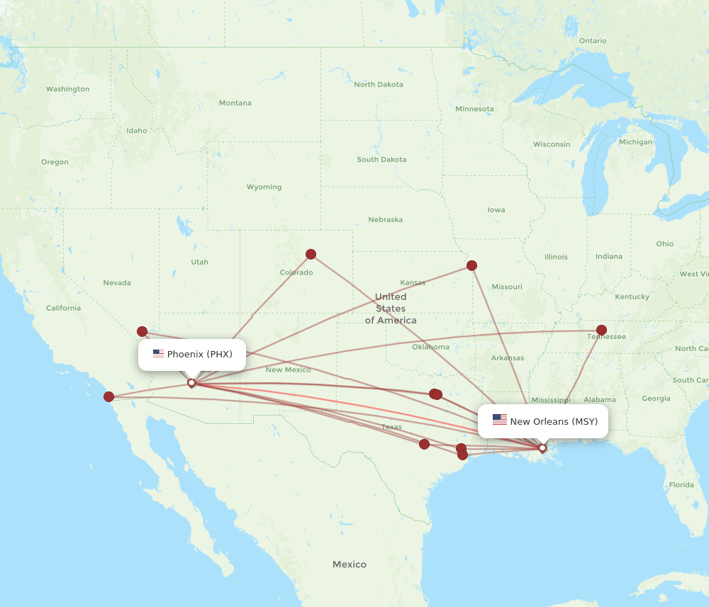 PHX to MSY flights and routes map
