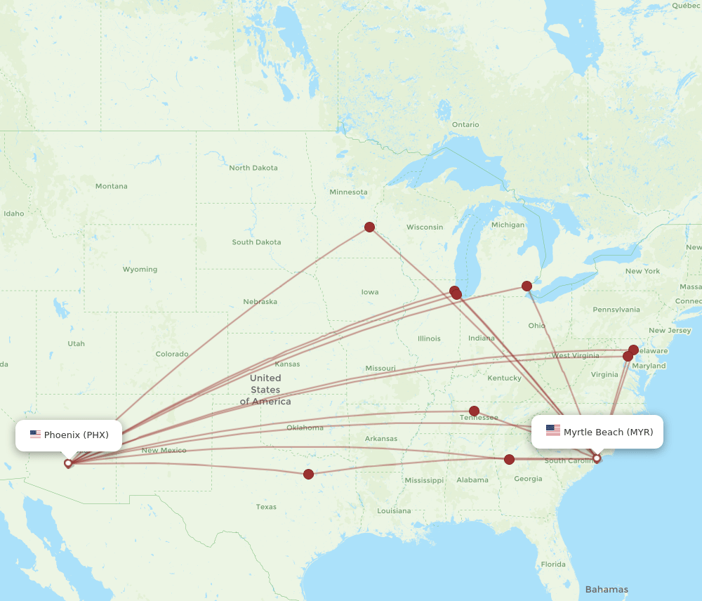 PHX-MYR flight routes