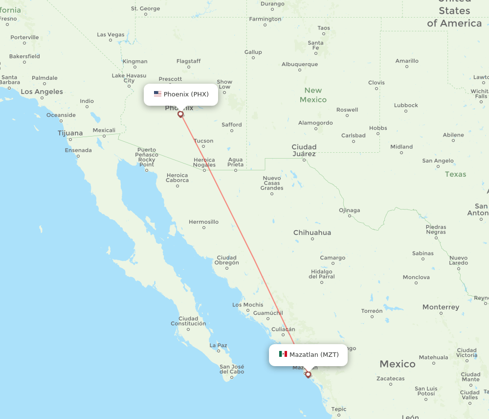 PHX to MZT flights and routes map