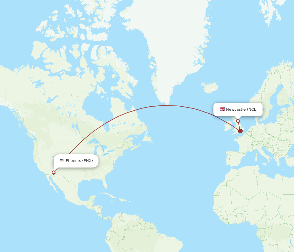 PHX to NCL flights and routes map