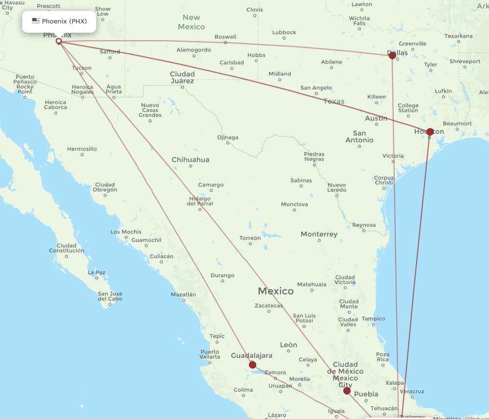 PHX to OAX flights and routes map