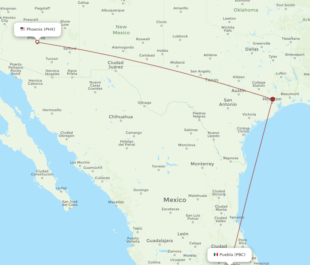 PHX to PBC flights and routes map