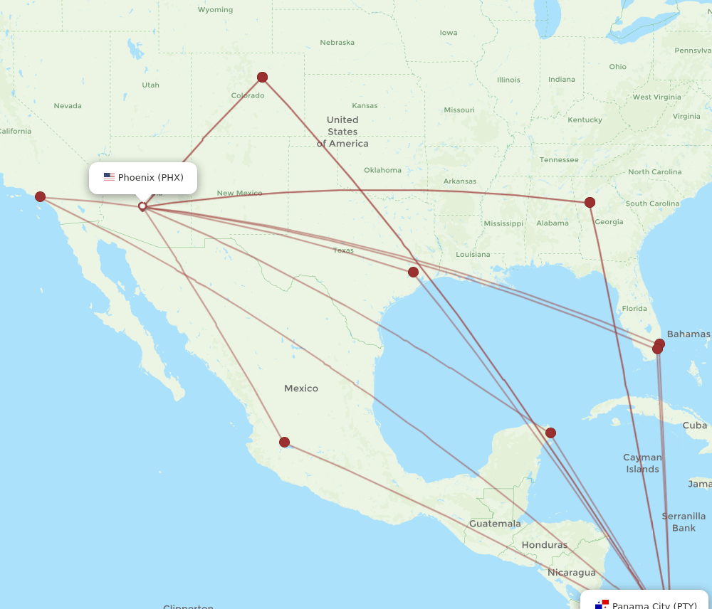 PHX to PTY flights and routes map