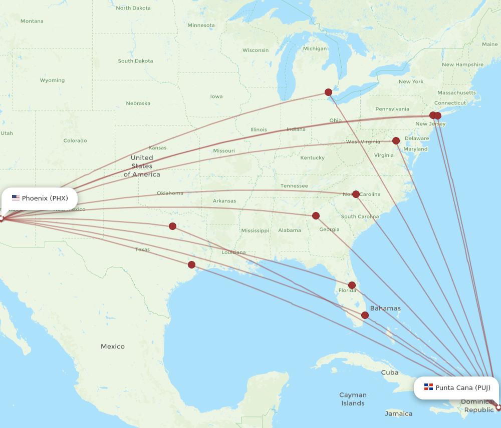 PHX to PUJ flights and routes map
