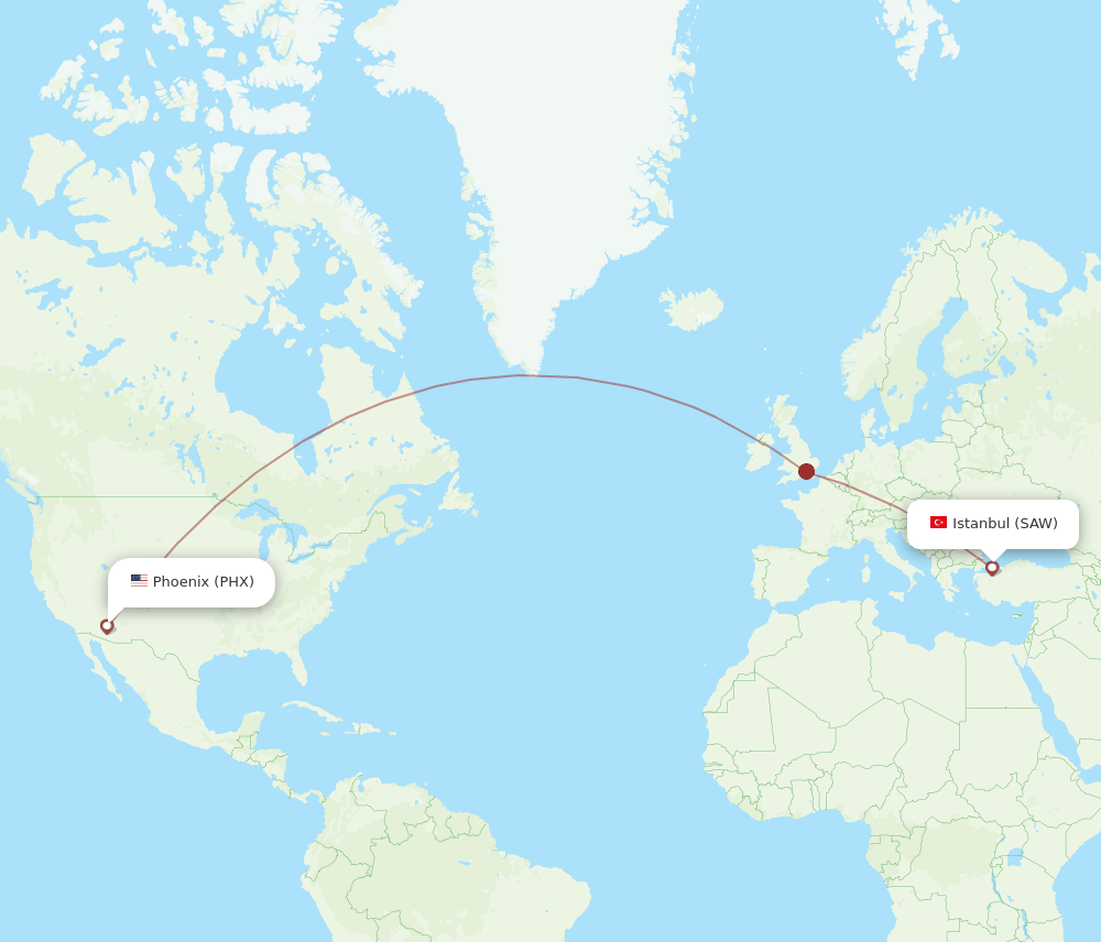 Phoenix - Istanbul route map and flight paths