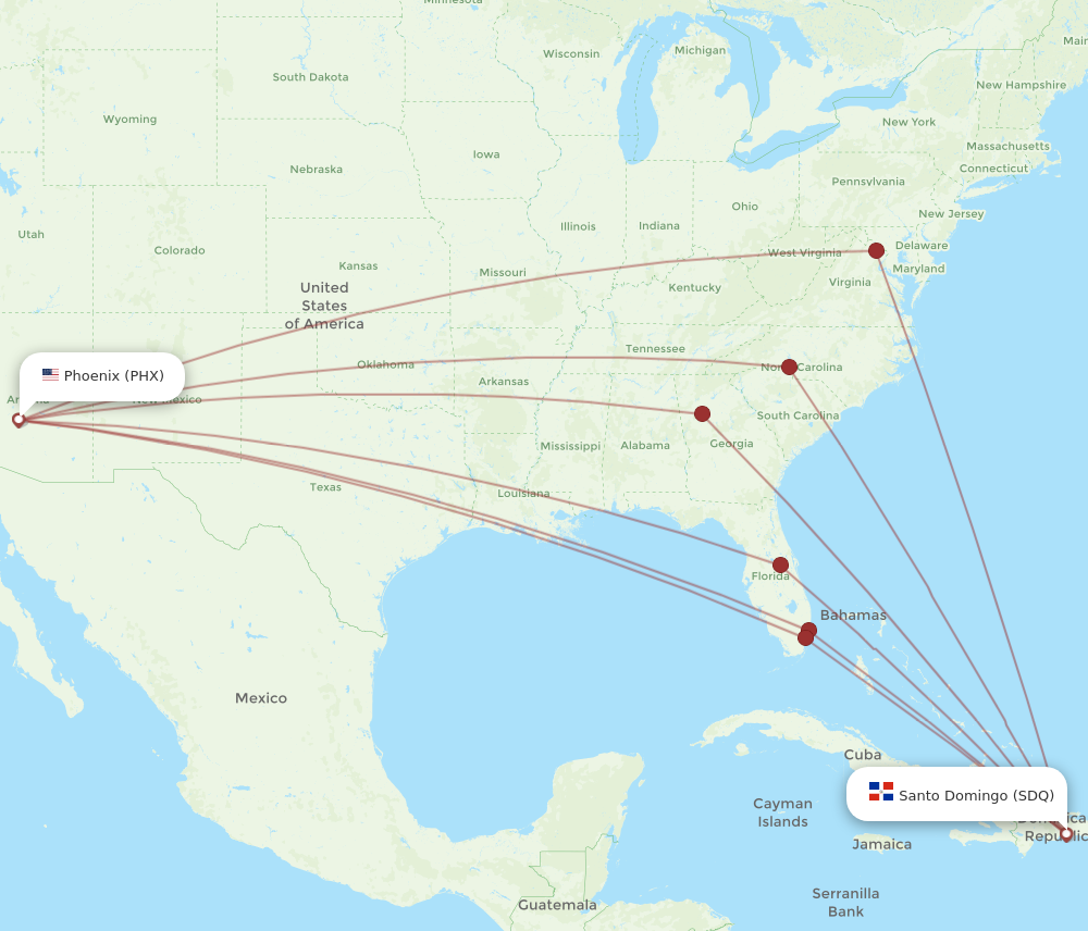 PHX to SDQ flights and routes map