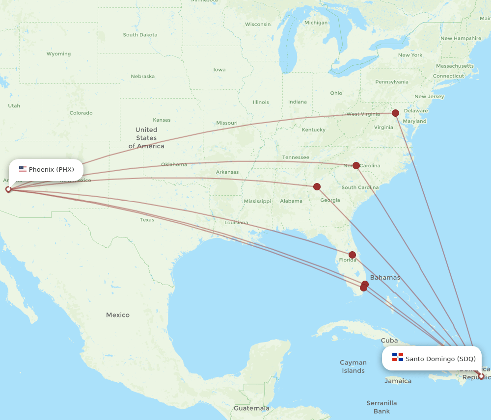 PHX to SDQ flights and routes map