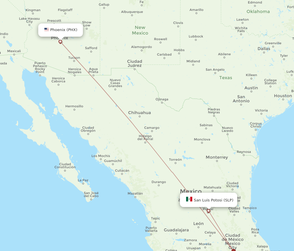PHX to SLP flights and routes map