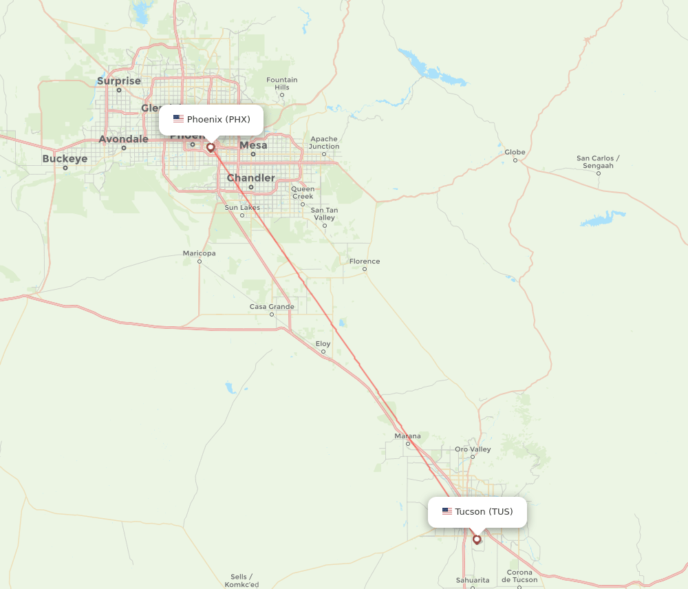 Phoenix - Tucson route map and flight paths