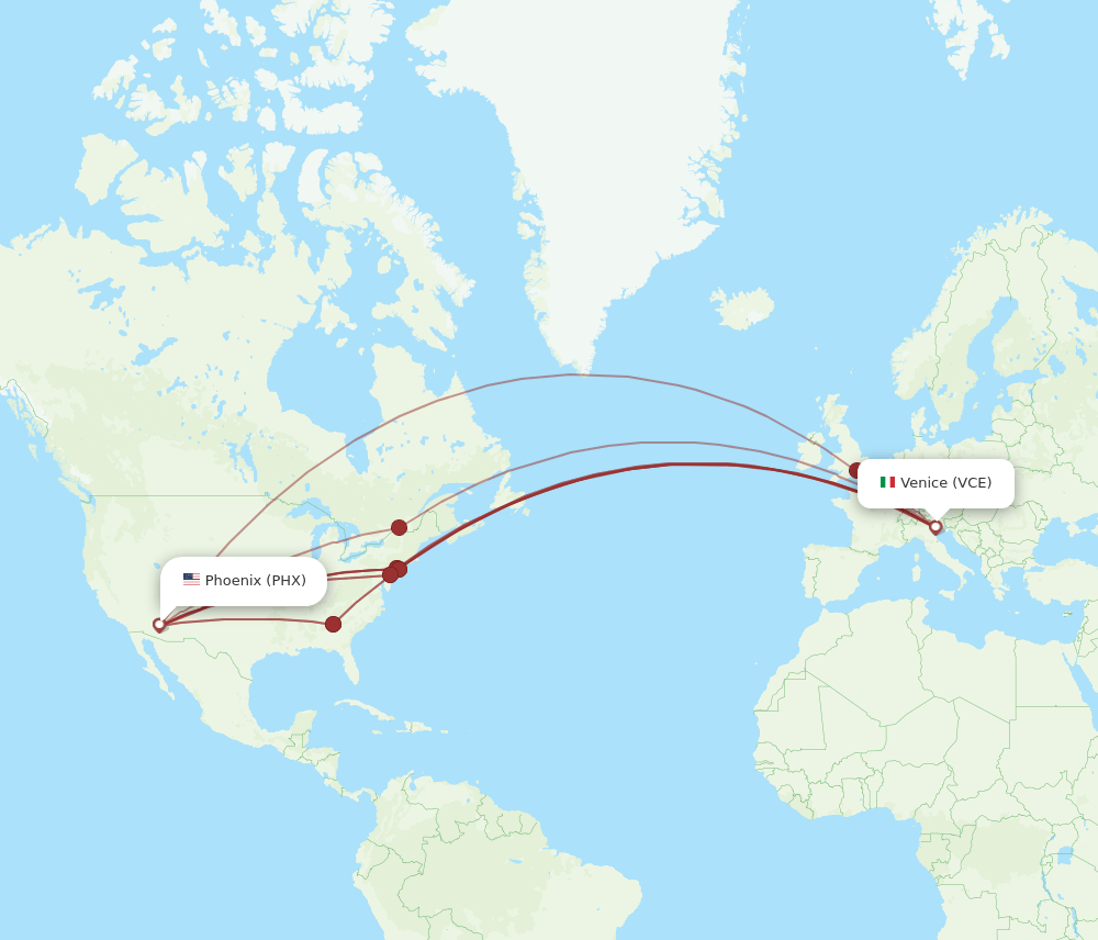 PHX to VCE flights and routes map