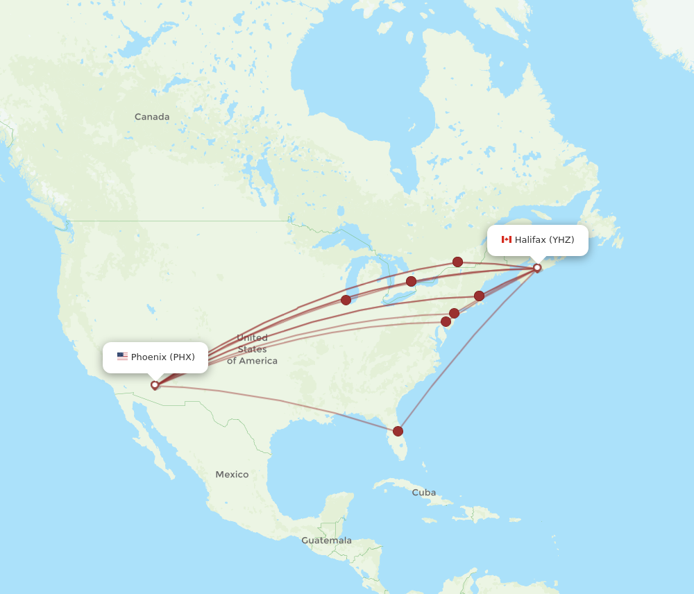 PHX to YHZ flights and routes map