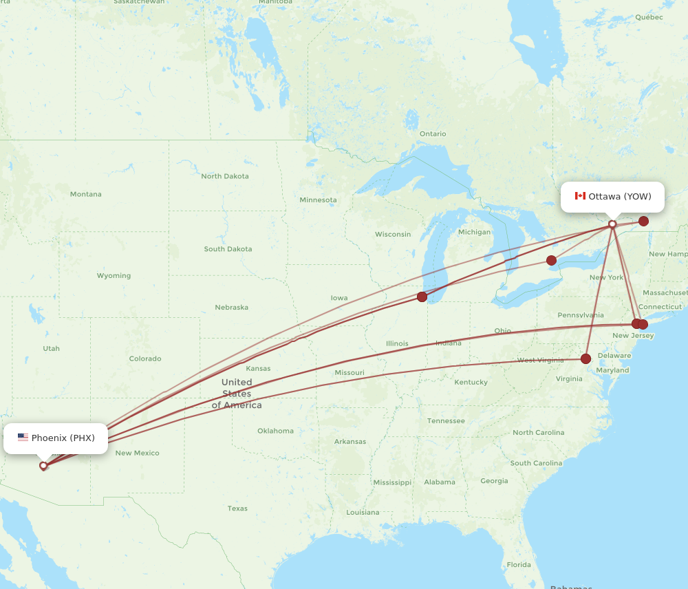 PHX to YOW flights and routes map