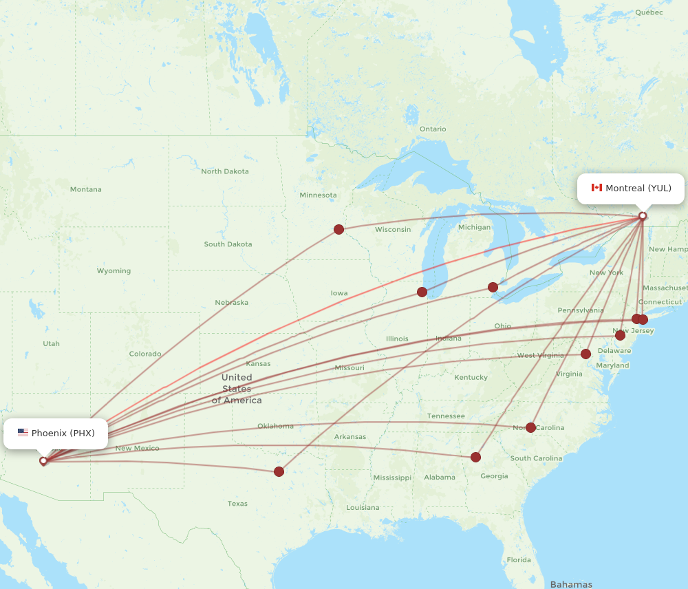PHX to YUL flights and routes map