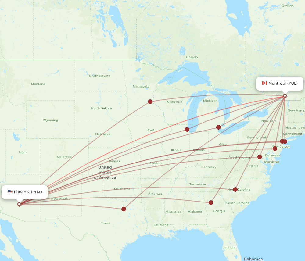PHX-YUL flight routes