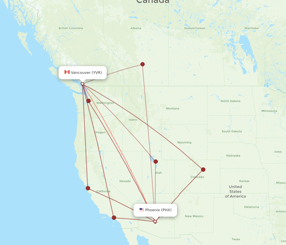 PHX to YVR flights and routes map