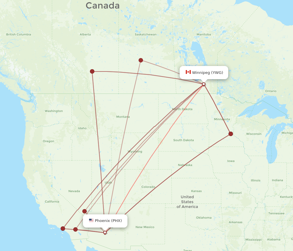 PHX to YWG flights and routes map