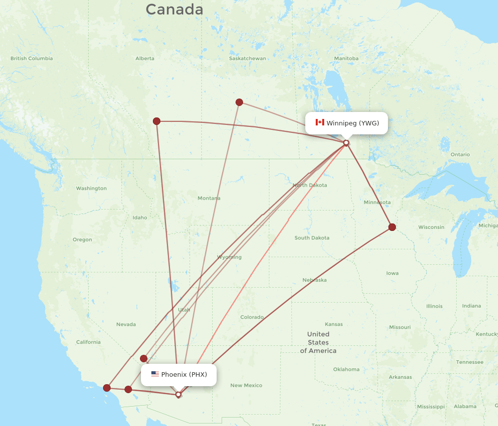 PHX-YWG flight routes