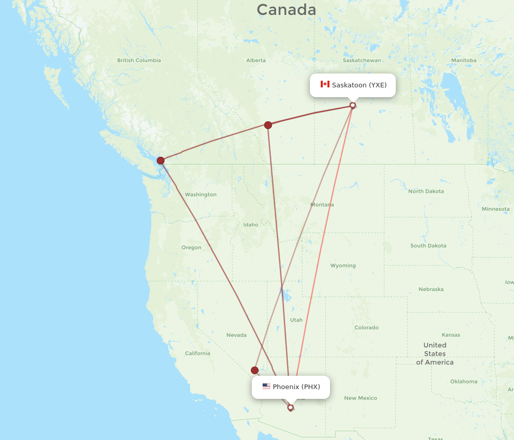 PHX to YXE flights and routes map