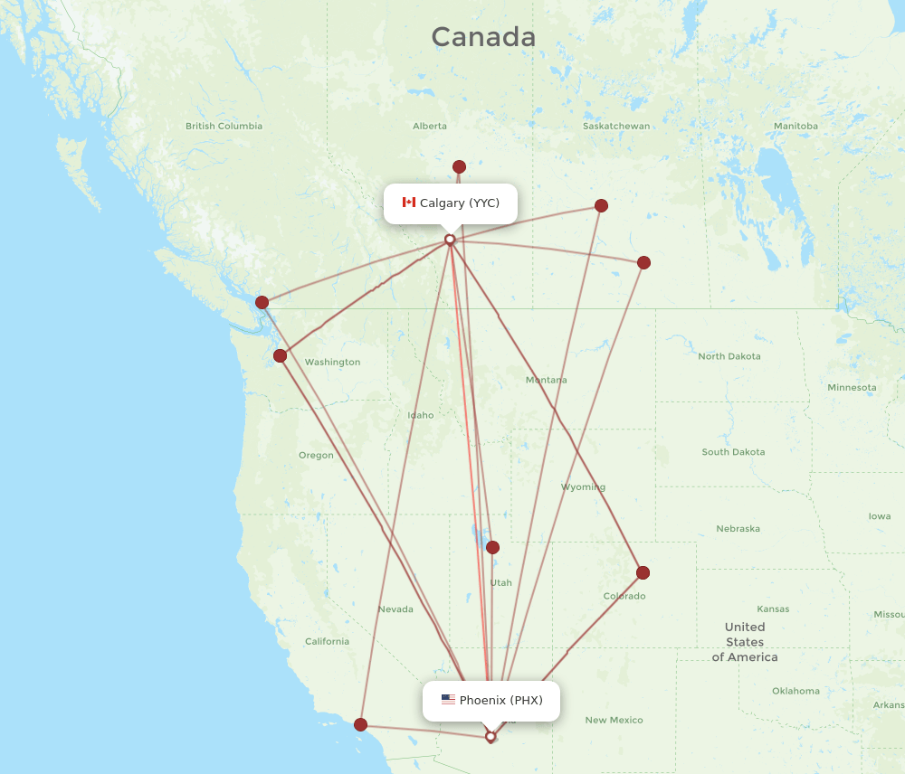 PHX to YYC flights and routes map