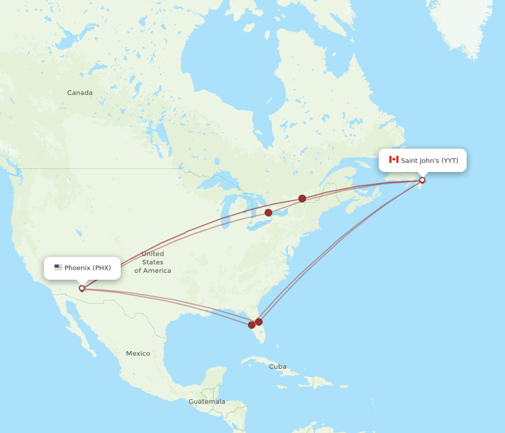 YYT to PHX flights and routes map