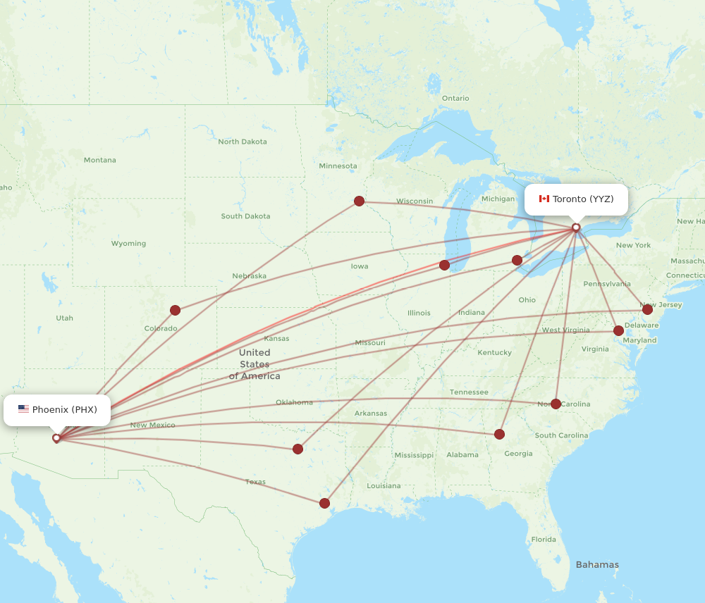 PHX to YYZ flights and routes map