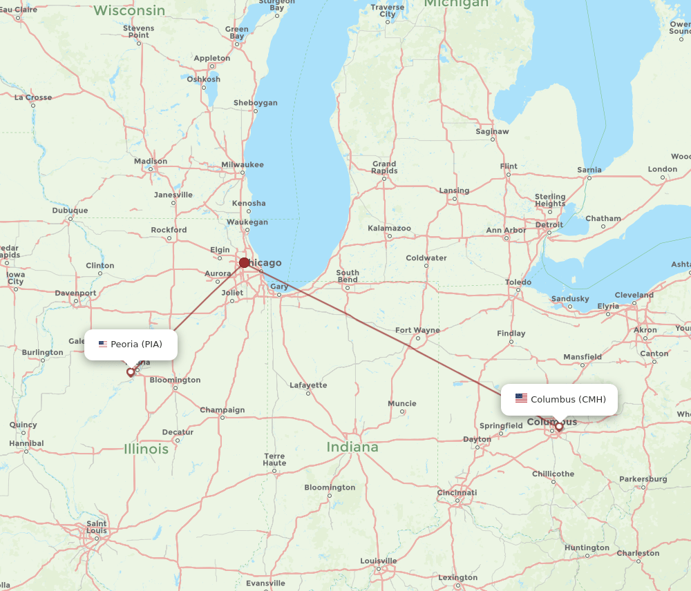 PIA to CMH flights and routes map