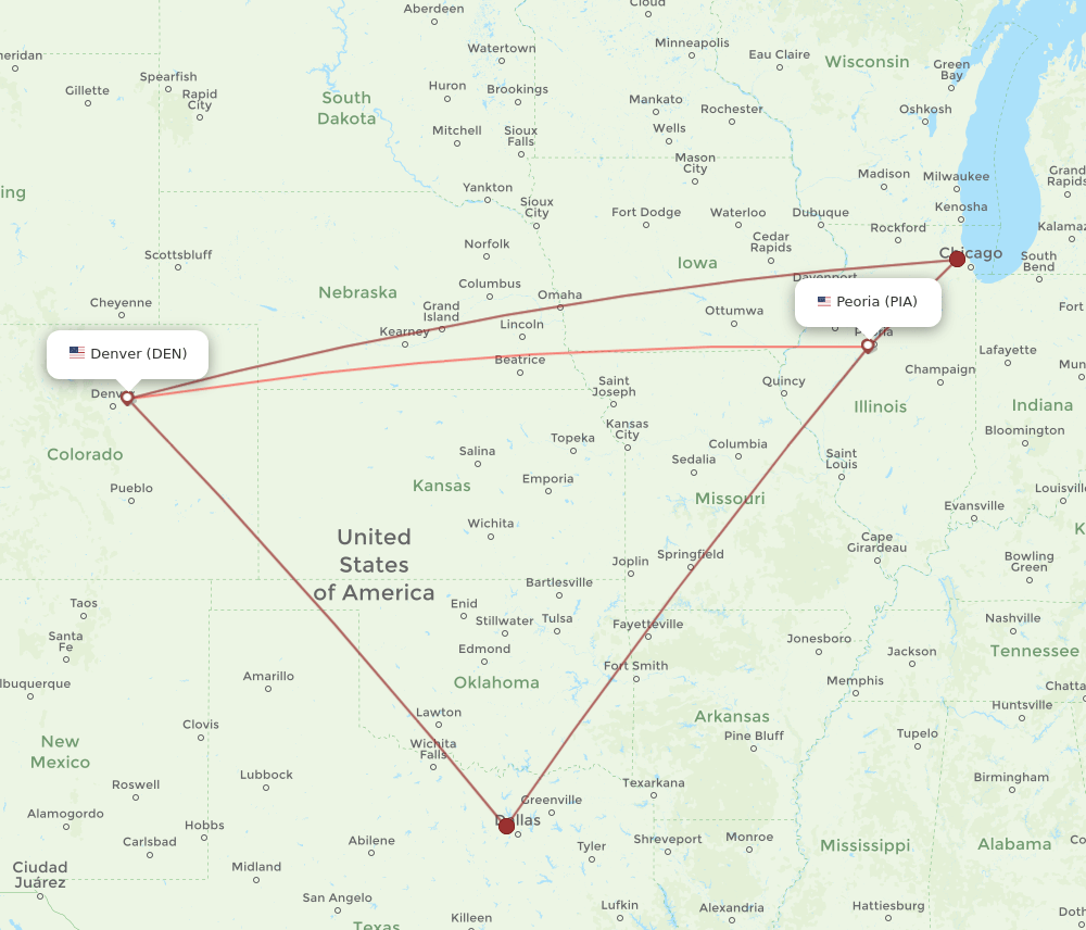 PIA-DEN flight routes