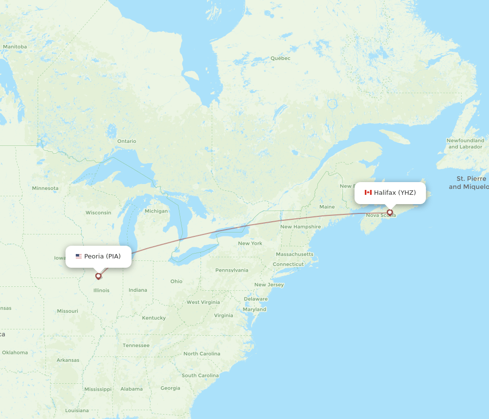 Halifax - Peoria route map and flight paths