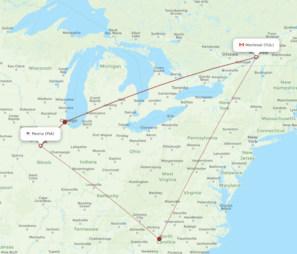 PIA to YUL flights and routes map