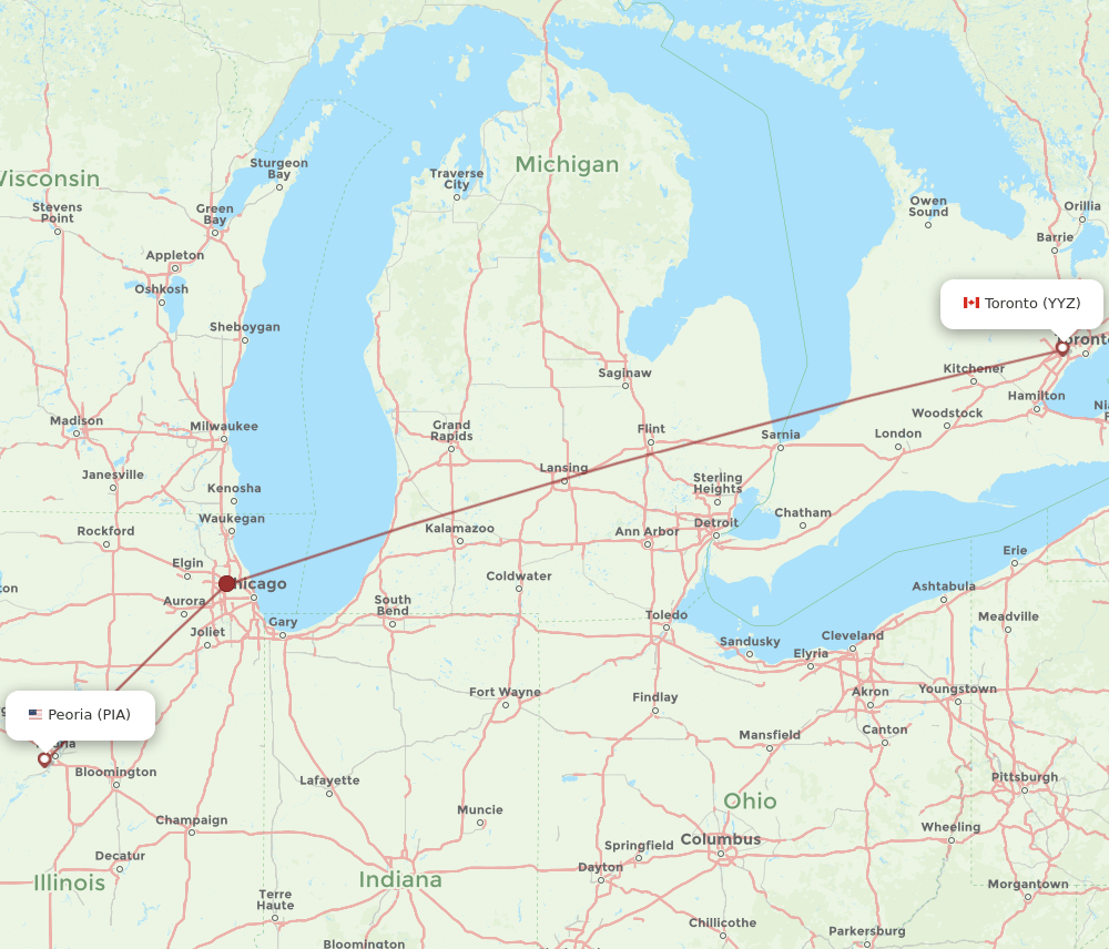 Toronto - Peoria route map and flight paths