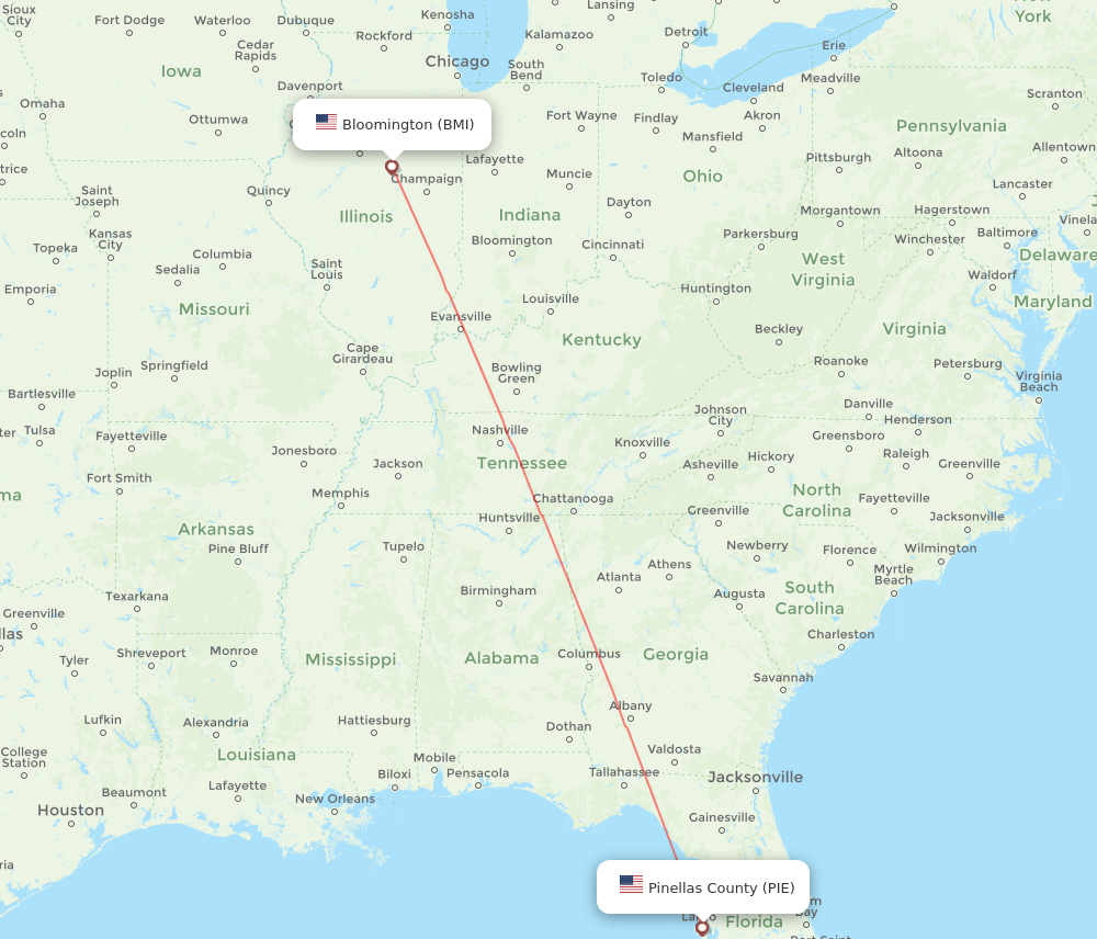 Saint Petersburg - Bloomington route map and flight paths