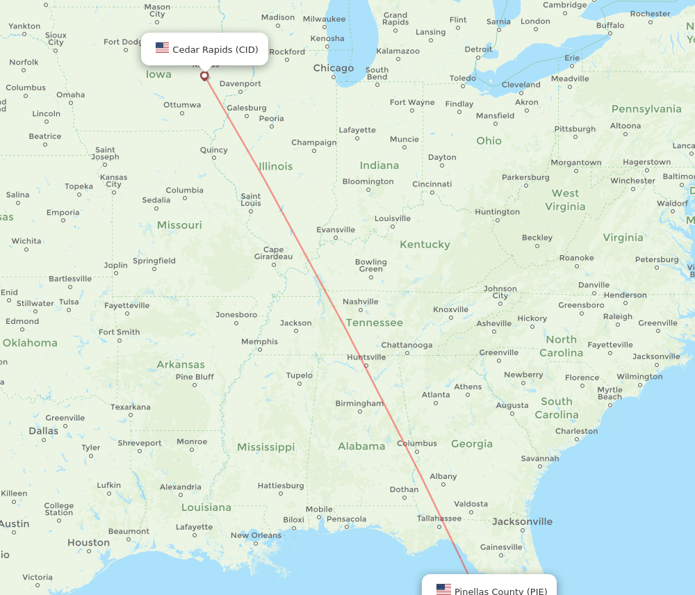 Saint Petersburg - Cedar Rapids route map and flight paths