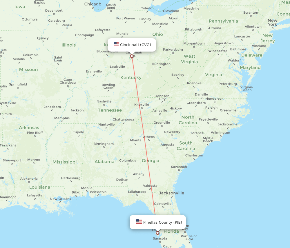 PIE to CVG flights and routes map