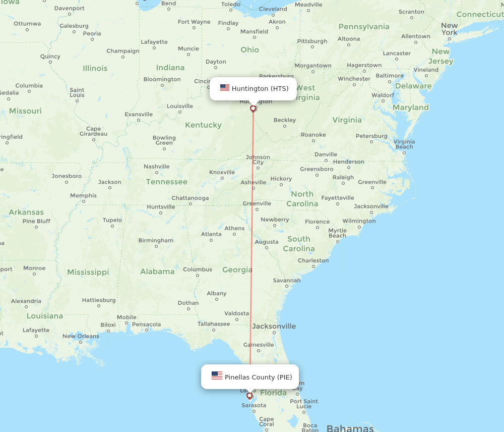 Saint Petersburg - Huntington route map and flight paths