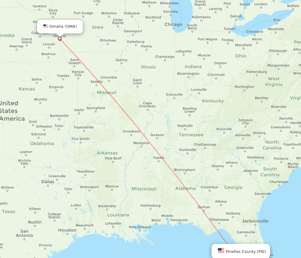 Saint Petersburg - Omaha route map and flight paths