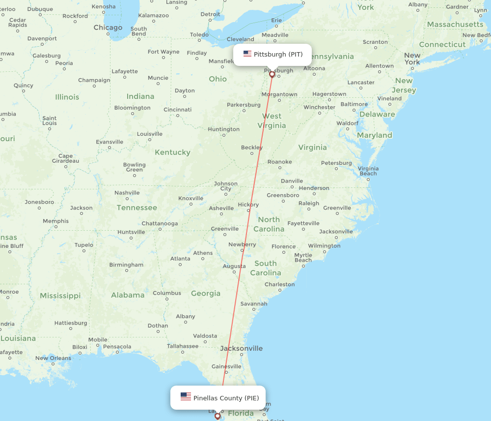 Saint Petersburg - Pittsburgh route map and flight paths