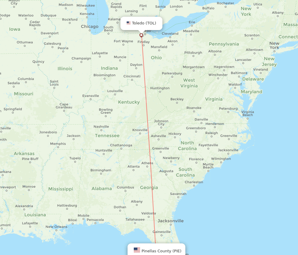 PIE to TOL flights and routes map