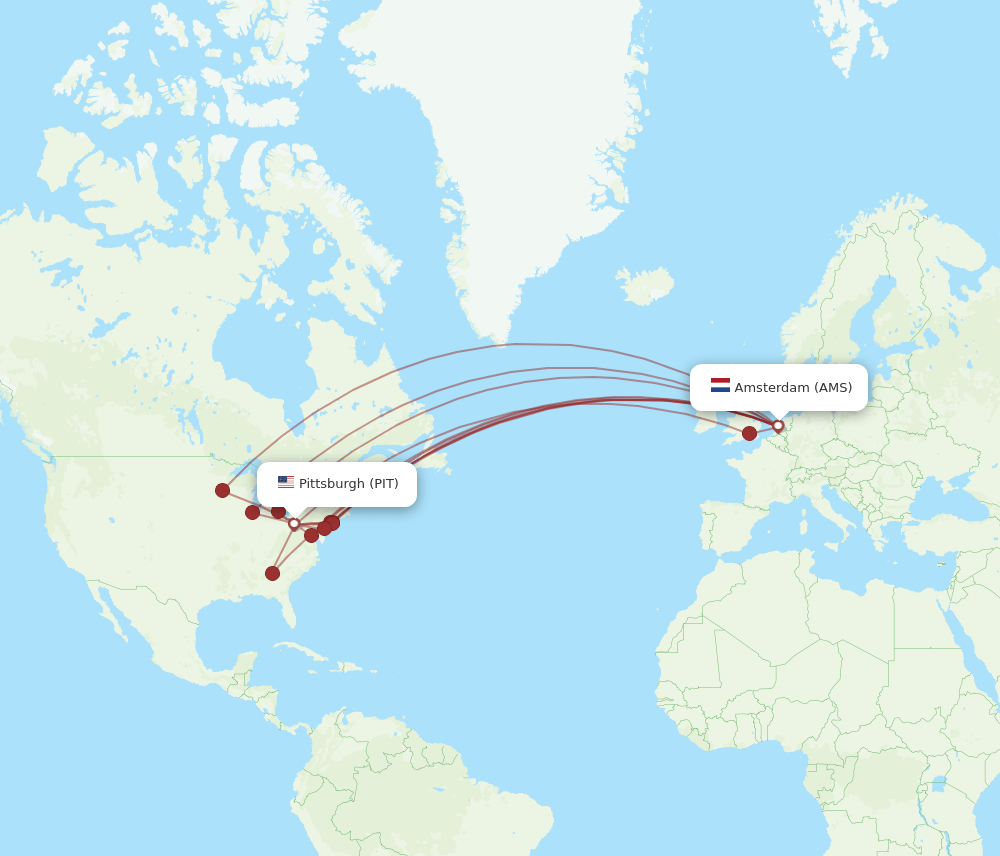PIT to AMS flights and routes map