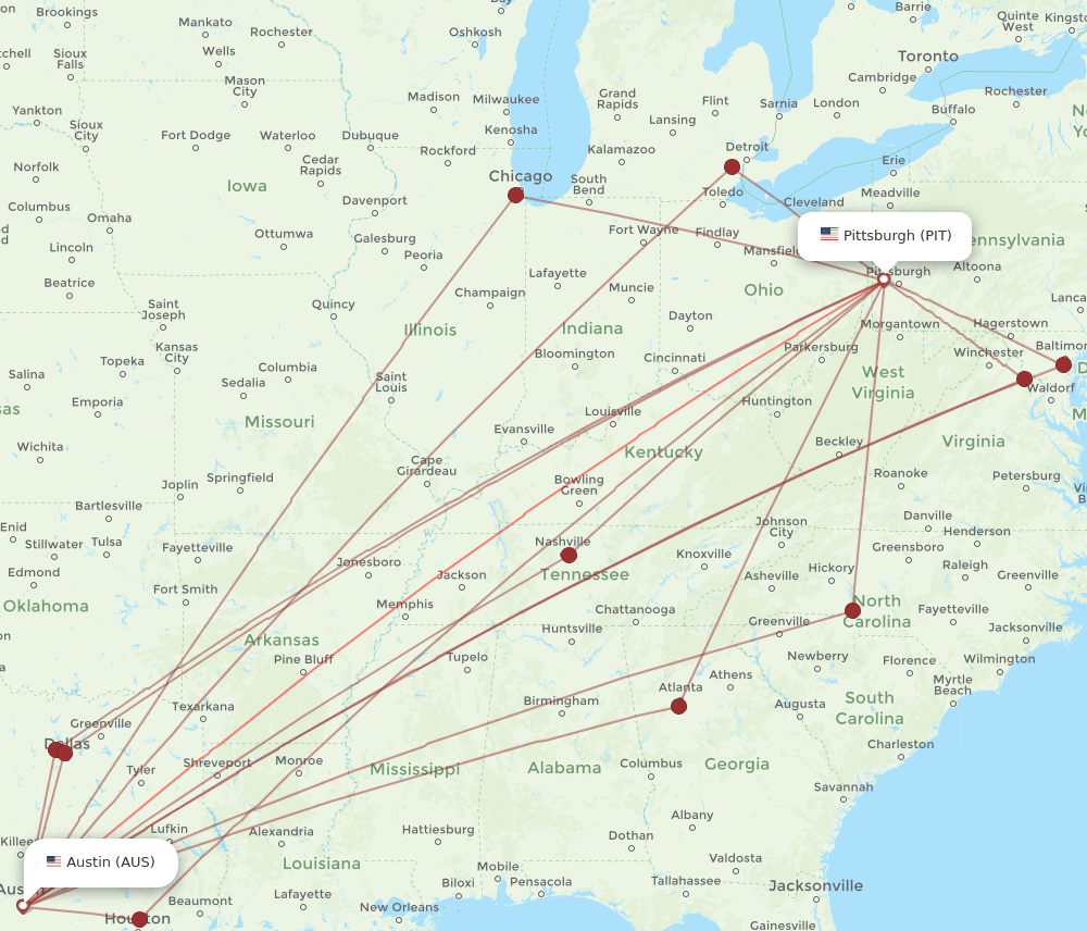 PIT to AUS flights and routes map