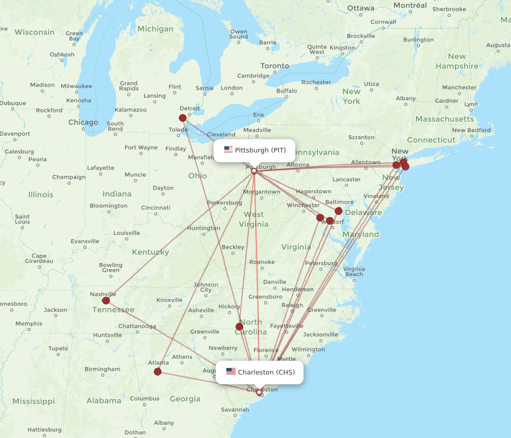 PIT to CHS flights and routes map