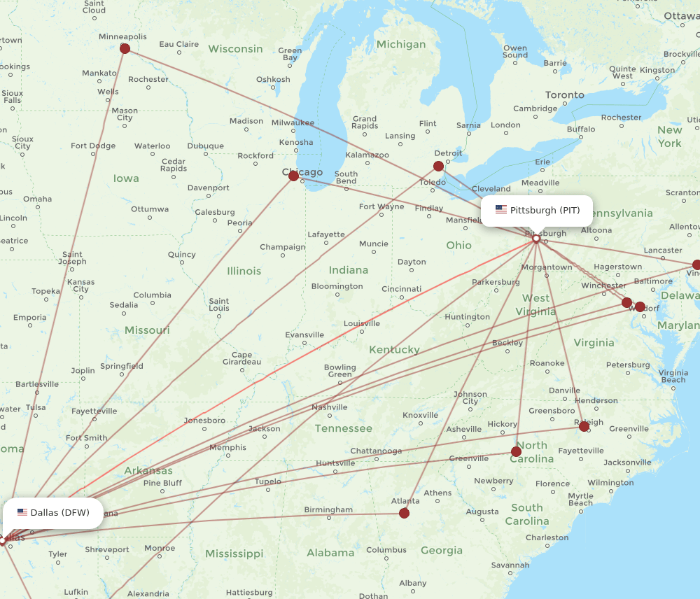 PIT-DFW flight routes