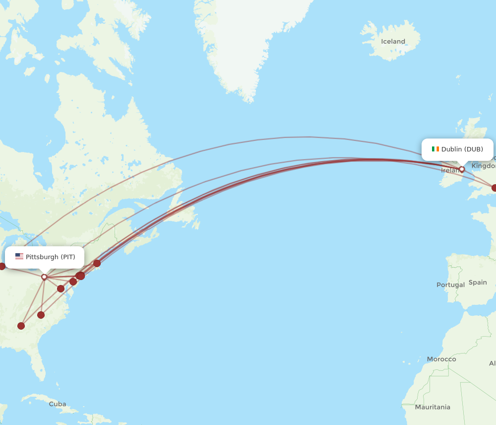 PIT to DUB flights and routes map