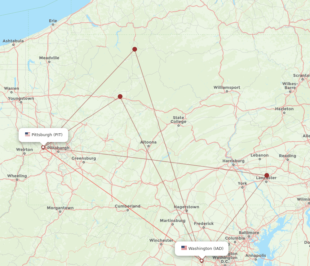 PIT to IAD flights and routes map