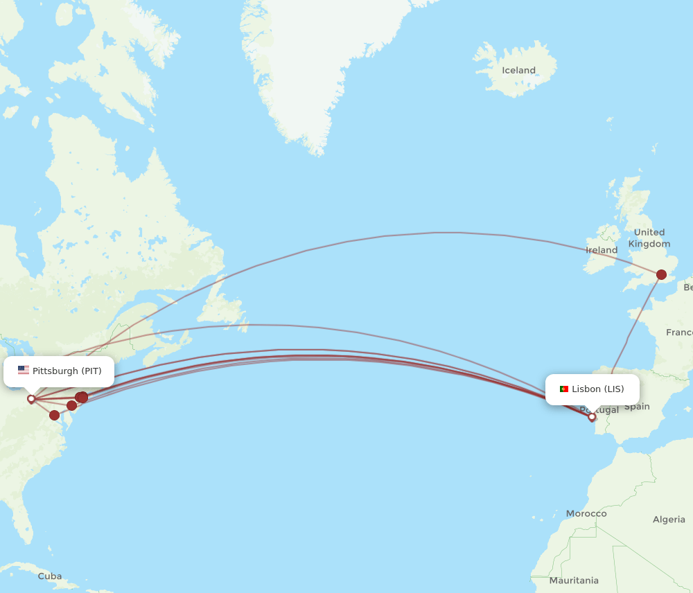 PIT to LIS flights and routes map