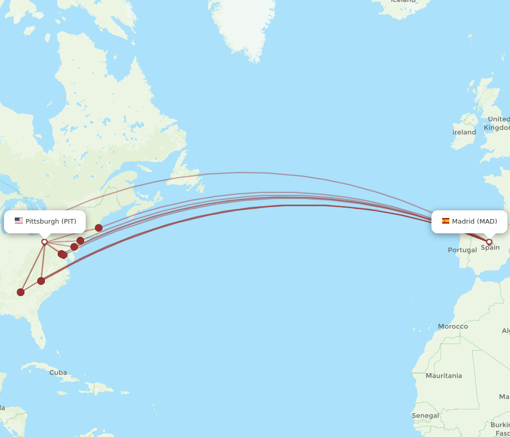 PIT to MAD flights and routes map