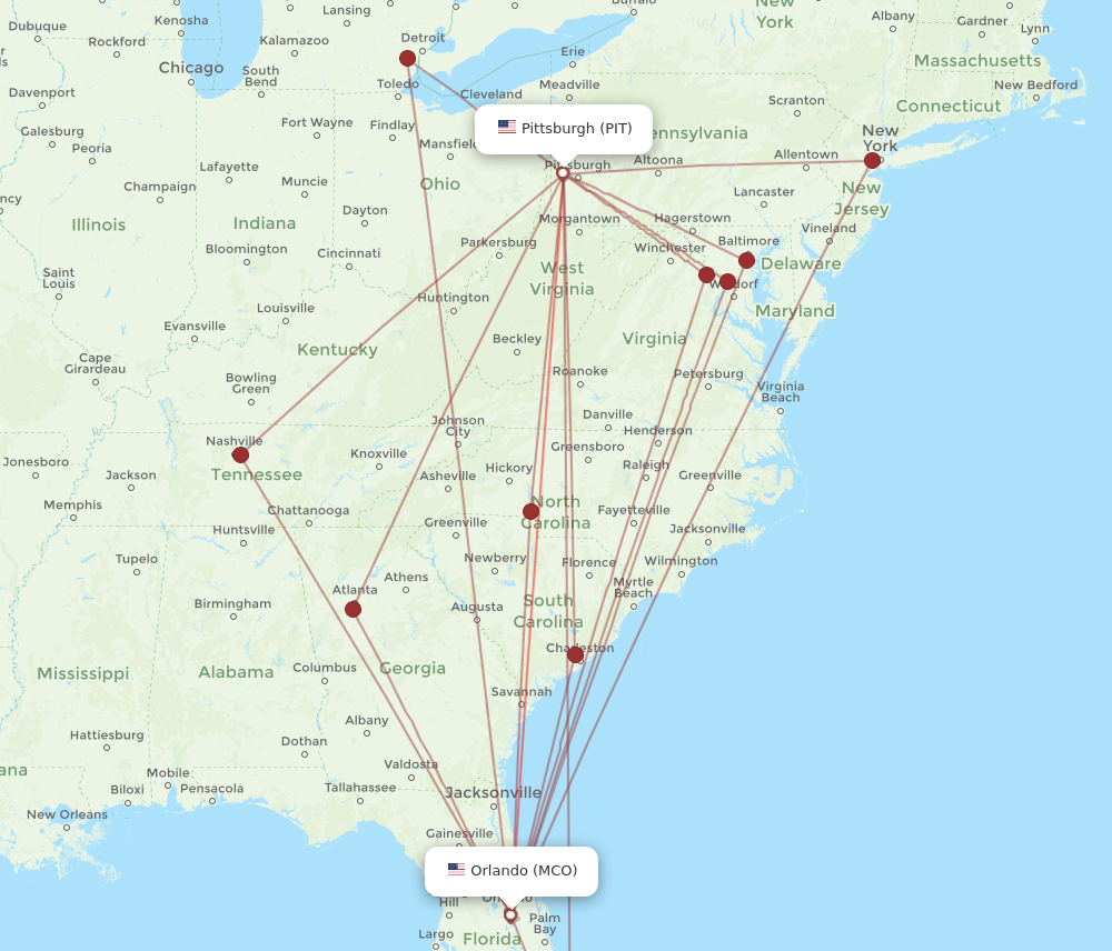 PIT to MCO flights and routes map