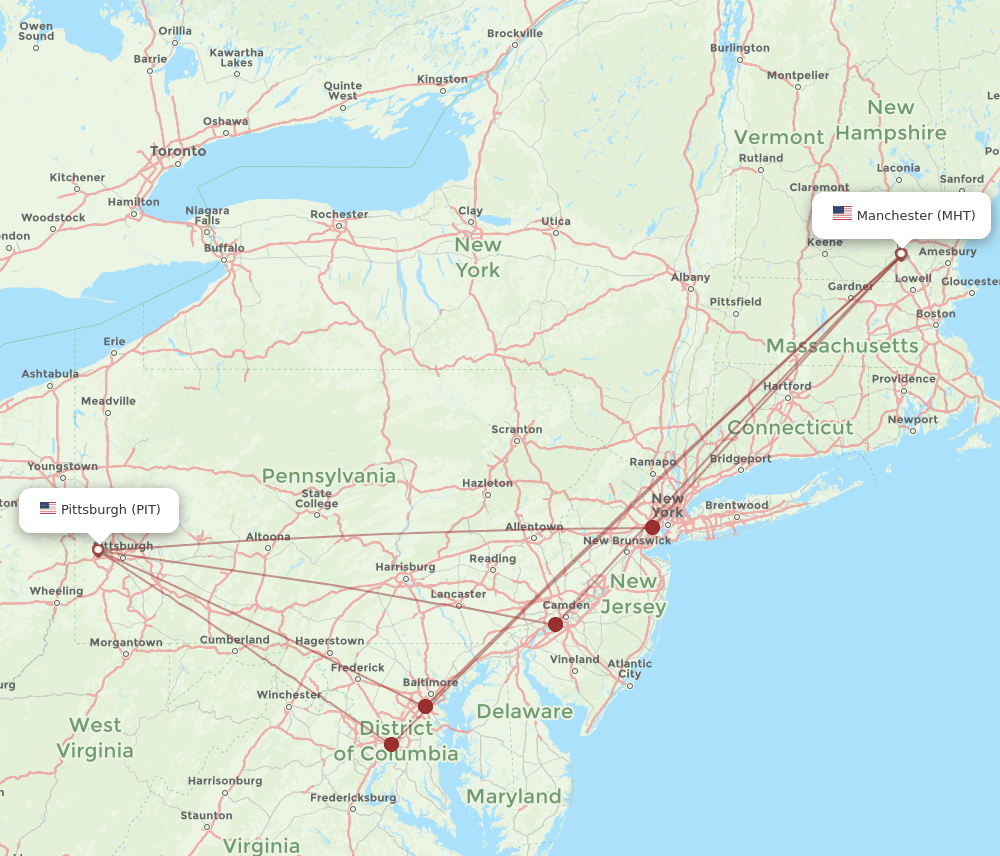 PIT to MHT flights and routes map